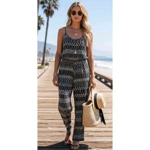 Red Carter Geometric Print Spaghetti Strap Wide Leg Jumpsuit Black Tan M 349 k9
